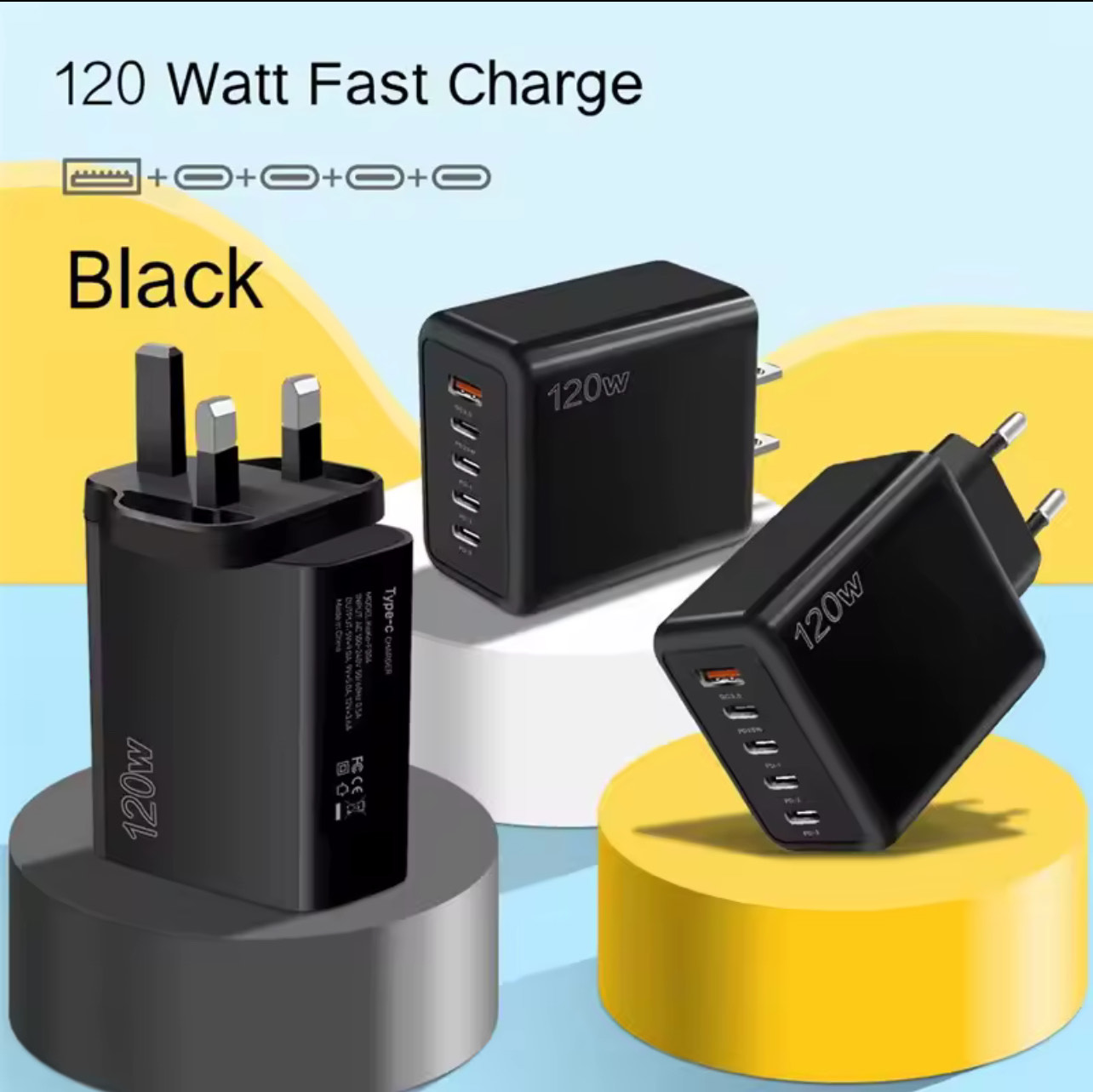 Total 120W USB Charger 5 Ports Type C Fast Charging Mobile Phone Wall Adapter EU/US/UK Plug For iPhone 15 Samsung Xiaomi Huawei